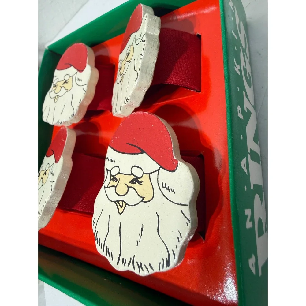Vintage Hedaya Brothers Santa Claus Wood Napkin Rings Set of 4 Original Box